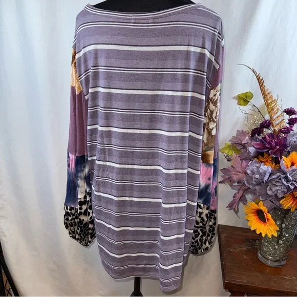 ODDY Purple Stripe Patchwork Leopard Sleeve Boho Tunic Top 1XL - Picture 3 of 8